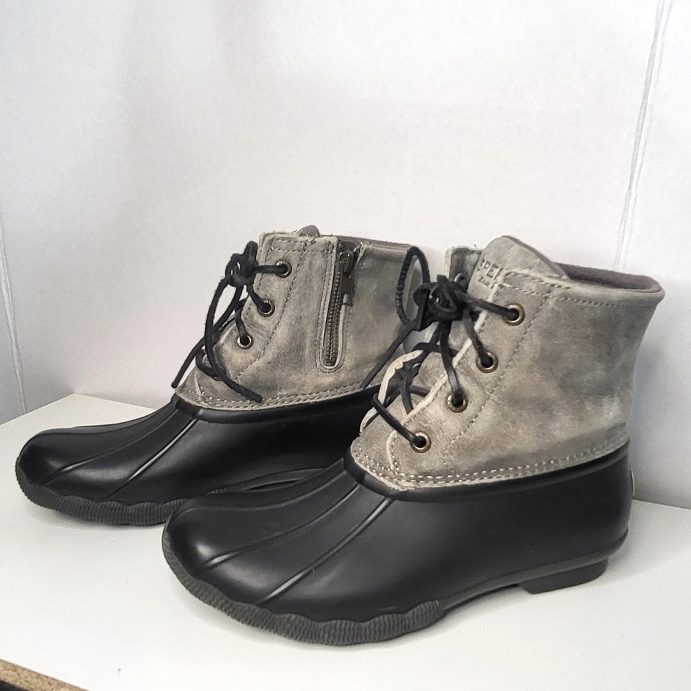 Sperry Womens Saltwater Duck Boots Grey Suede Leather Waterproof Black Size 6